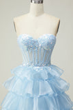 Principessa Blu Sweetheart Corsetto Tiered Paillettes Abito Da Ballo Lungo con Lace Up Indietro