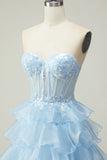 Principessa Blu Sweetheart Corsetto Tiered Paillettes Abito Da Ballo Lungo con Lace Up Indietro