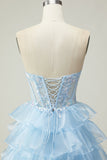 Principessa Blu Sweetheart Corsetto Tiered Paillettes Abito Da Ballo Lungo con Lace Up Indietro