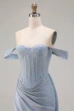 Corsetto sirena scintillante a spalle scoperte abito lungo da Cerimonia in raso azzurro polveroso con fessura