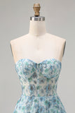 Abito da Cerimonia lungo da ballo decappotabile a linee floreali blu a linea A con spalla e fessura