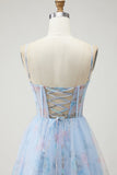 Corsetto floreale blu Abito da ballo lungo con spallette spaghetti e fessura