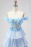 Azzurro chiaro A Line Off Shoulder Corsetto con applique Abito da cerimonia lungo con volant a livelli
