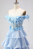 Azzurro chiaro A Line Off Shoulder Corsetto con applique Abito da cerimonia lungo con volant a livelli