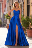 Royal Blue A-Line plissettato Sweetheart Satin lungo Prom Dress con fessura