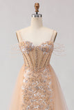Scintillante Champagne Sirena Corsetto con paillettes Abito da Cerimonia lungo con perline