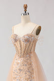 Scintillante Champagne Sirena Corsetto con paillettes Abito da Cerimonia lungo con perline