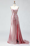 Abito da ballo lungo da ballo con corsetto a pieghe e spalline color sirena rosa senza spalline