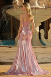 Abito da ballo lungo da ballo con corsetto a pieghe e spalline color sirena rosa senza spalline