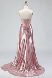 Abito da ballo lungo da ballo con corsetto a pieghe e spalline color sirena rosa senza spalline