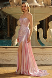 Abito da ballo lungo da ballo con corsetto a pieghe e spalline color sirena rosa senza spalline