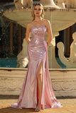 Abito da ballo lungo da ballo con corsetto a pieghe e spalline color sirena rosa senza spalline