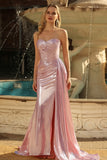 Abito da ballo lungo da ballo con corsetto a pieghe e spalline color sirena rosa senza spalline