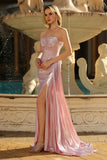 Abito da ballo lungo da ballo con corsetto a pieghe e spalline color sirena rosa senza spalline