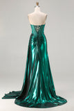 Abito da ballo lungo da ballo con corsetto a pieghe e spalline color sirena rosa senza spalline