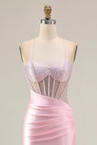 Vestito da ballo lungo da ballo con spalline rosa con perline e spalline corsetto