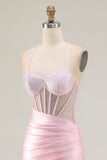 Vestito da ballo lungo da ballo con spalline rosa con perline e spalline corsetto