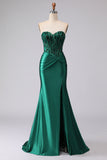 Vestito da Cerimonia a stelle di sirena verde scuro senza spalline paillettes con pizzo e spacco