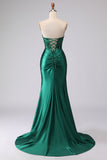 Vestito da Cerimonia a stelle di sirena verde scuro senza spalline paillettes con pizzo e spacco