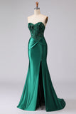 Vestito da Cerimonia a stelle di sirena verde scuro senza spalline paillettes con pizzo e spacco