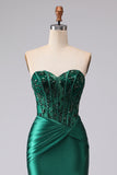Vestito da Cerimonia a stelle di sirena verde scuro senza spalline paillettes con pizzo e spacco