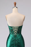 Vestito da Cerimonia a stelle di sirena verde scuro senza spalline paillettes con pizzo e spacco