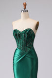 Vestito da Cerimonia a stelle di sirena verde scuro senza spalline paillettes con pizzo e spacco