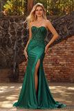 Vestito da Cerimonia a stelle di sirena verde scuro senza spalline paillettes con pizzo e spacco