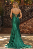 Vestito da Cerimonia a stelle di sirena verde scuro senza spalline paillettes con pizzo e spacco