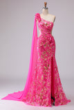 Corsetto sirena fucsia con taglio a una spalla e vestito da ballo lungo con spacco