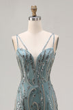 Abito lungo da ballo con paillettes con perline grigio verde e scintillante