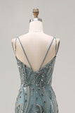 Abito lungo da ballo con paillettes con perline grigio verde e scintillante