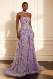 Viola senza spalline Appliqued A-Line lungo Prom Dress con fiori 3D