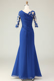 Royal Blue Mermaid Appliqued increspato madre della sposa vestito con maniche