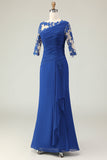 Royal Blue Mermaid Appliqued increspato madre della sposa vestito con maniche