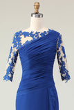 Royal Blue Mermaid Appliqued increspato madre della sposa vestito con maniche
