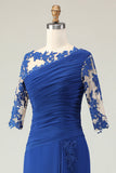 Royal Blue Mermaid Appliqued increspato madre della sposa vestito con maniche