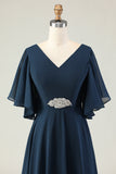 Navy A Line Appliqued V Neck Madre del Vestito da Sposa con Strass