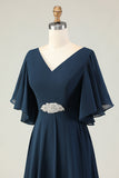Navy A Line Appliqued V Neck Madre del Vestito da Sposa con Strass