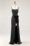 Sirena nera con spalline a perline, fiocco laterale con strass, abito da ballo lungo con fessura
