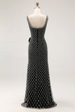 Sirena nera con spalline a perline, fiocco laterale con strass, abito da ballo lungo con fessura
