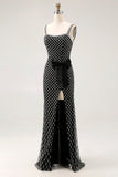 Nero in rilievo sirena spaghetti cinghie strass lato fiocco lungo abito da ballo con fessura