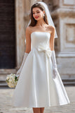 Abito da sposa bianco senza spalline A Line Midi con fiocco (senza guanti)