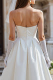 Abito da sposa bianco senza spalline A Line Midi con fiocco (senza guanti)