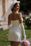 Abito da sposa corto bodycon bianco senza spalline con fiocco (senza guanti)
