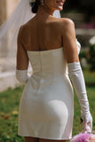 Abito da sposa corto bodycon bianco senza spalline con fiocco (senza guanti)