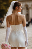 Abito da sposa corto in raso Bodycon Bodycon Bianco con fiocco (senza guanti)