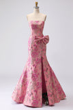Vestito da Cerimonia lungo da ballo in Jacquard con fiocco fucsia