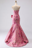 Vestito da Cerimonia lungo da ballo in Jacquard con fiocco fucsia