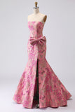 Vestito da Cerimonia lungo da ballo in Jacquard con fiocco fucsia